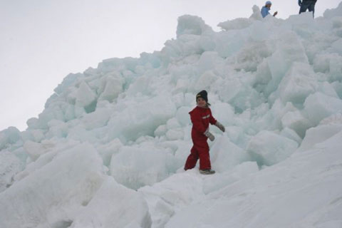 Angus in his Dare2Be Toboggan Ski Suit on an Iceberg in a frozen Siberian sea