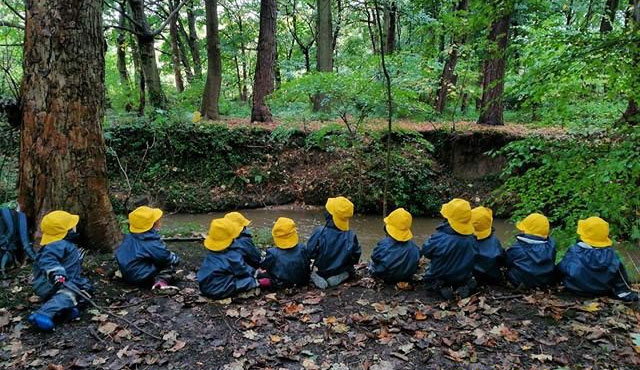 Forest School Group having a lovely time outdoors in their Ocean Rainwear Suits and Yellow Souwesters