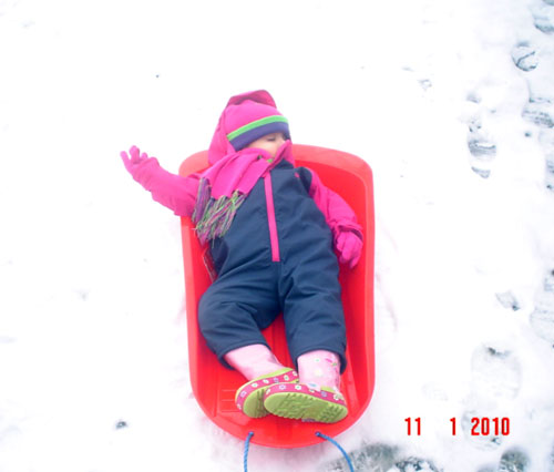 Olivia fast asleep on her sledge!