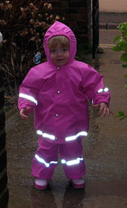 Rachel ready for puddle jumping in Kiba jacket and dungarees